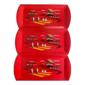 Set of 4 1950s lap trays, Red with Asian scene